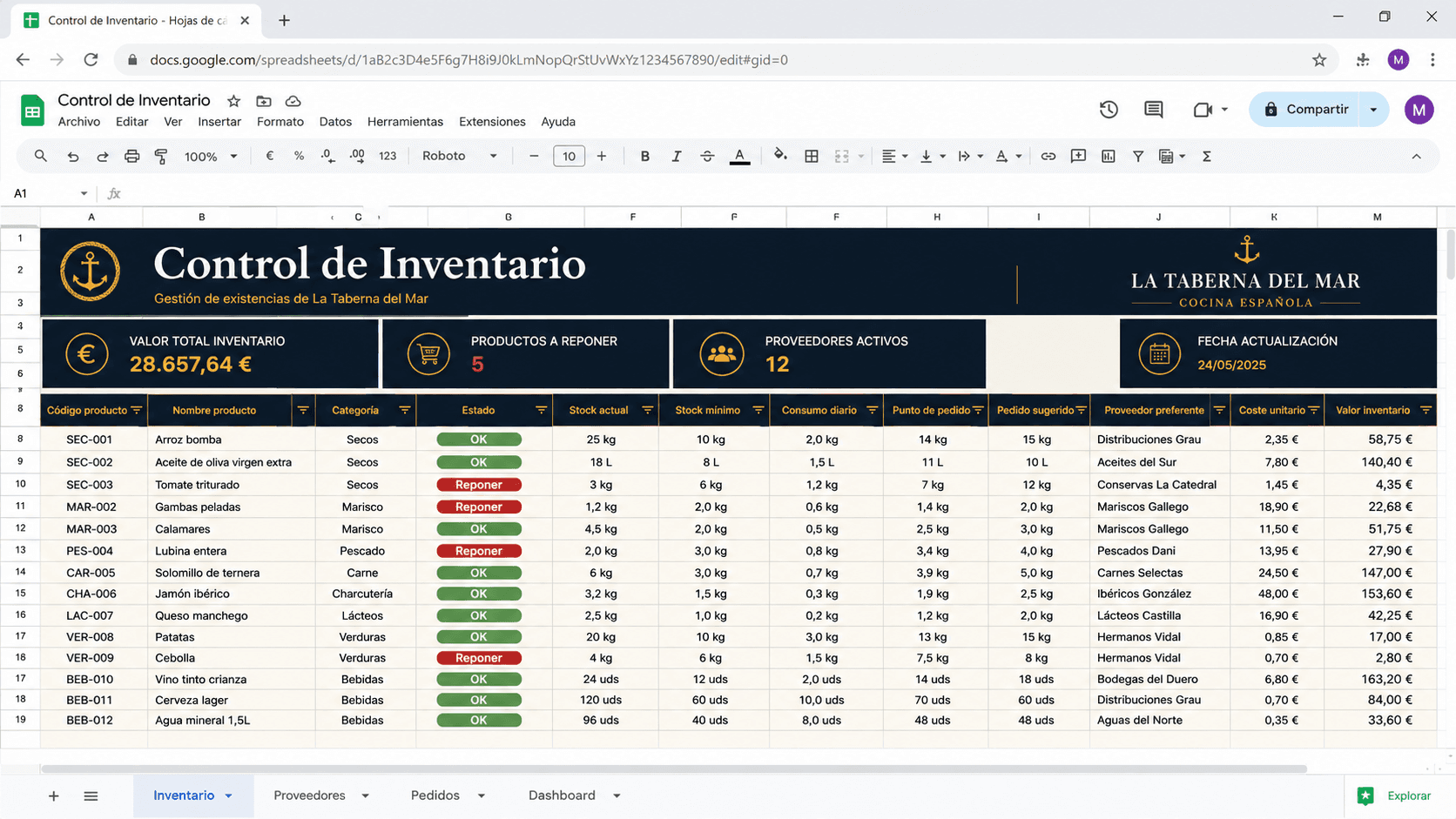 Vista previa de la plantilla de control de inventario con datos de ejemplo